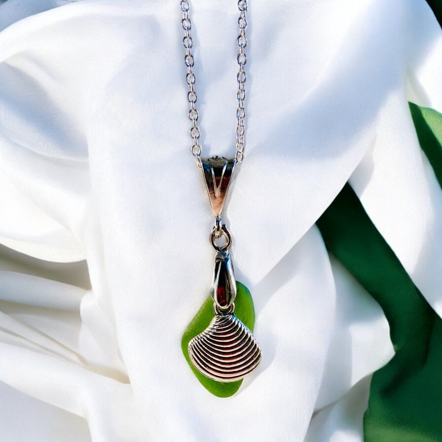 Beautiful Green Devon sea glass, shell charm pendant necklace, presented on an 20 inch 925 sterling silver chain with a lobster clasp