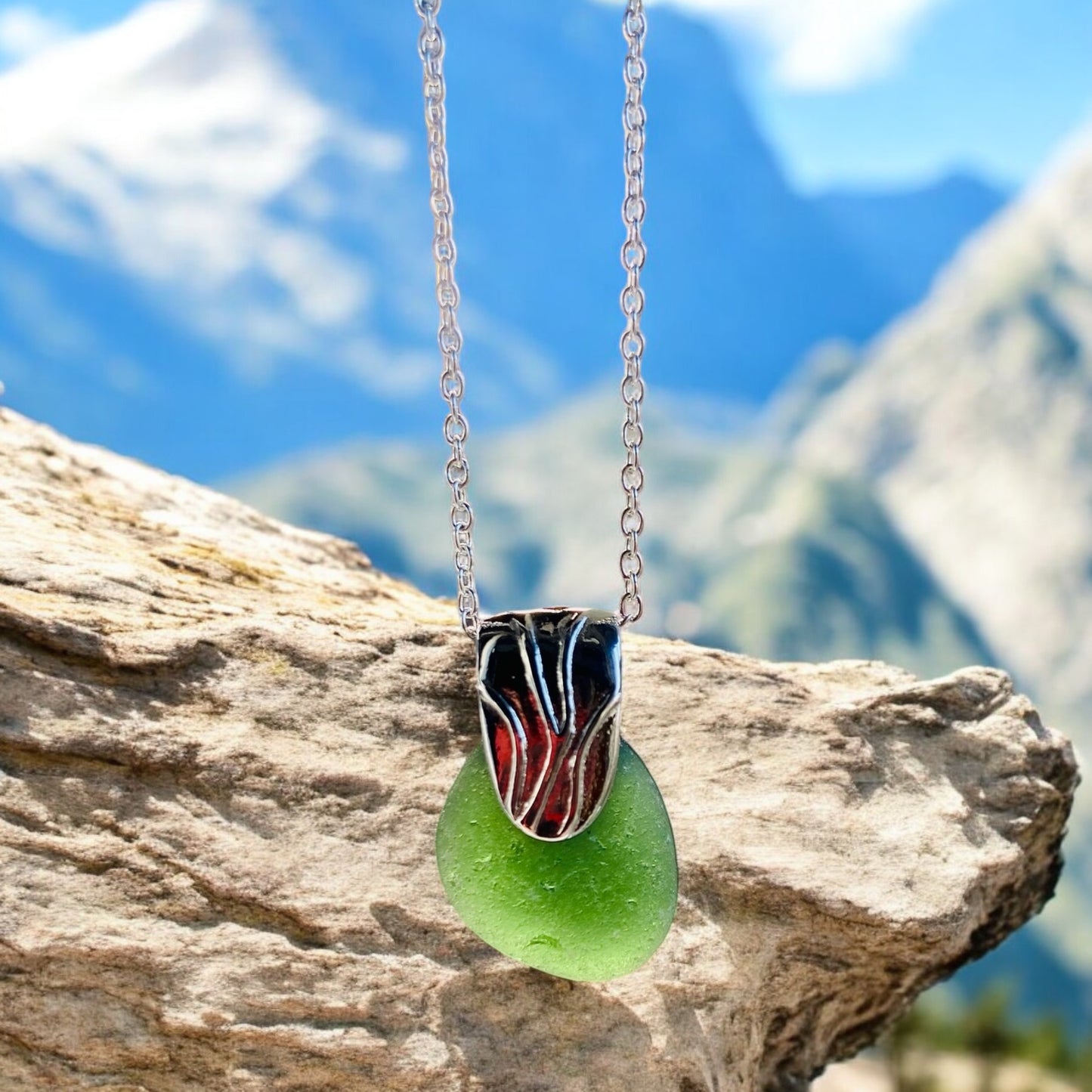 Beautiful Green Devon sea glass, pendant necklace, presented on an 20 inch 925 sterling silver chain with a lobster clasp