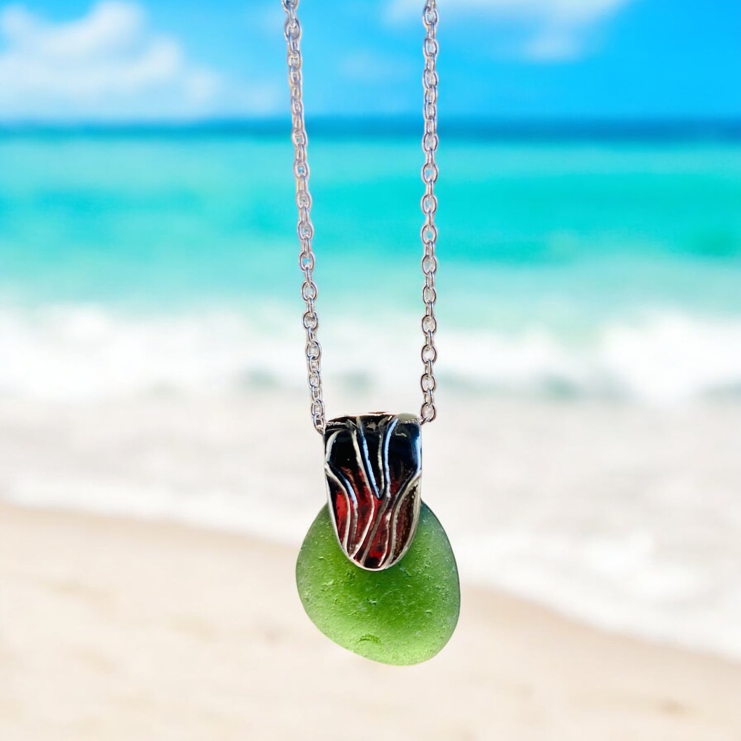 Beautiful Green Devon sea glass, pendant necklace, presented on an 20 inch 925 sterling silver chain with a lobster clasp