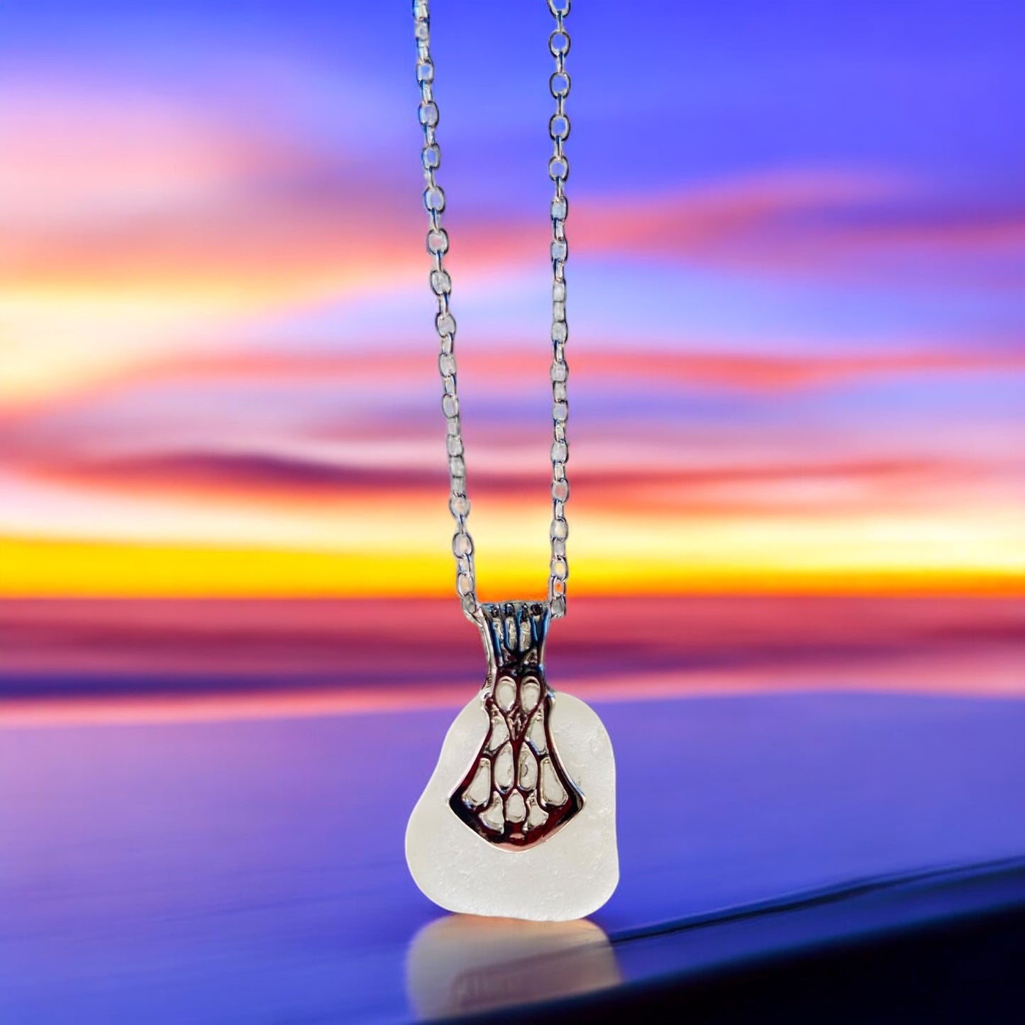 Beautiful handmade White sea glass pendant necklace, presented on a 20 inch 925 sterling silver chain