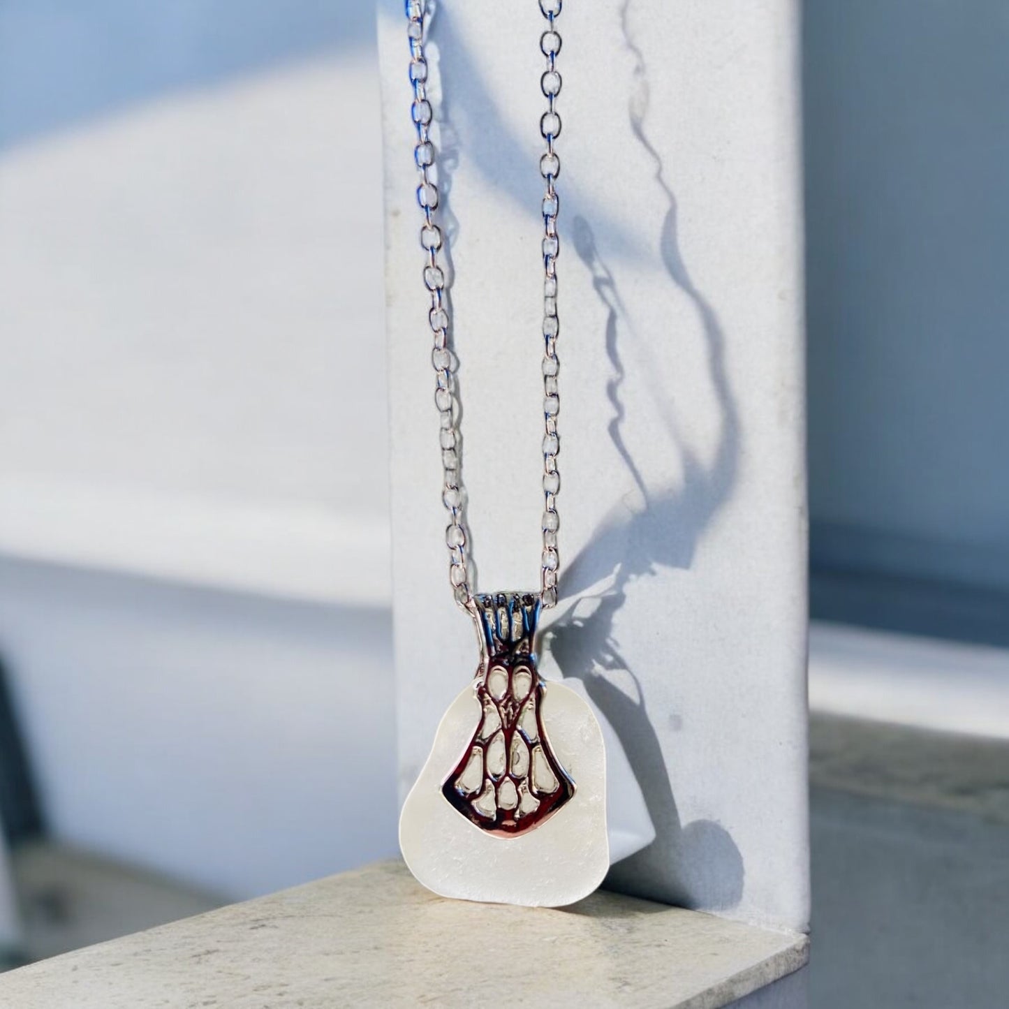 Beautiful handmade White sea glass pendant necklace, presented on a 20 inch 925 sterling silver chain