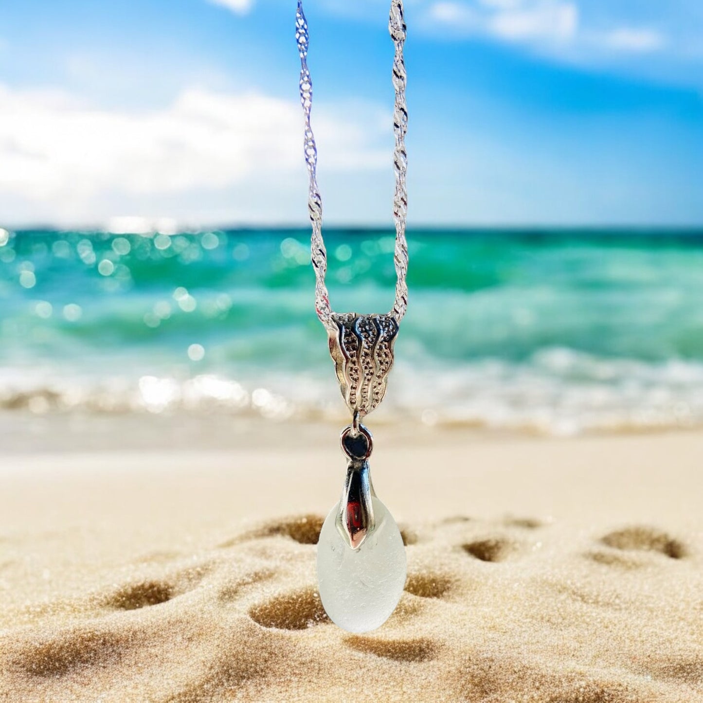 Beautiful handmade White sea glass pendant necklace, presented on a 20 inch 925 sterling silver chain