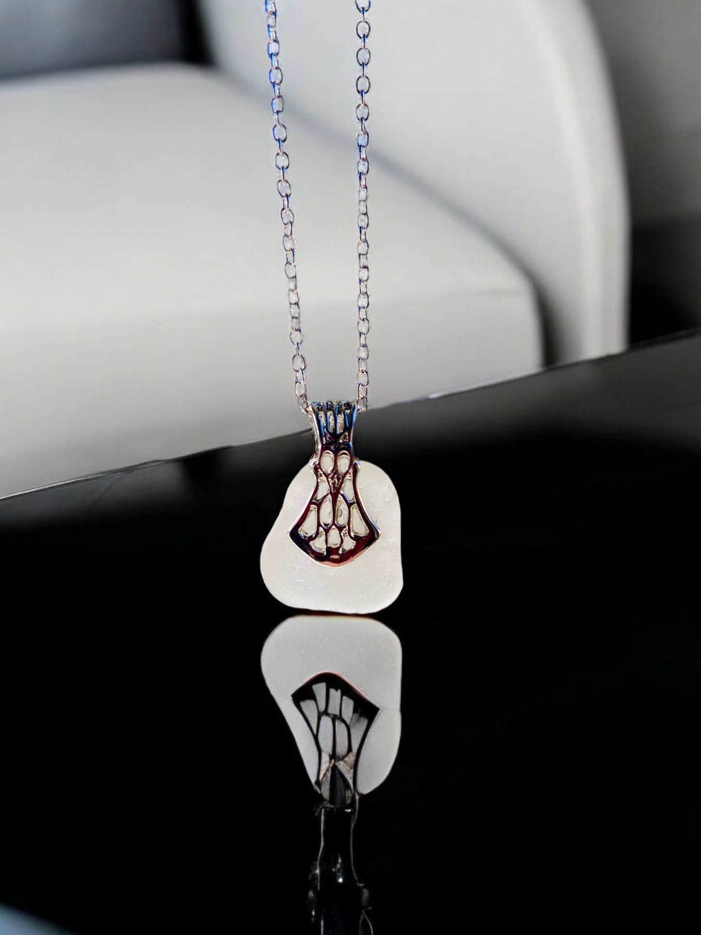 Beautiful handmade White sea glass pendant necklace, presented on a 20 inch 925 sterling silver chain