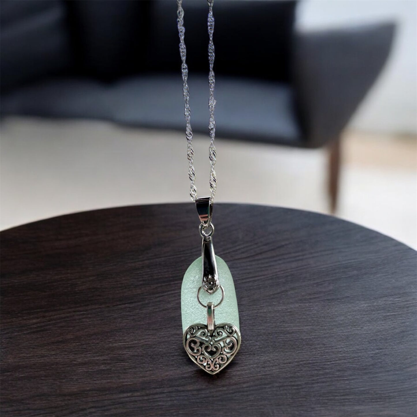 Beautiful White Devon sea glass, Heart charm pendant necklace, presented on an 20 inch 925 sterling silver chain with a lobster clasp
