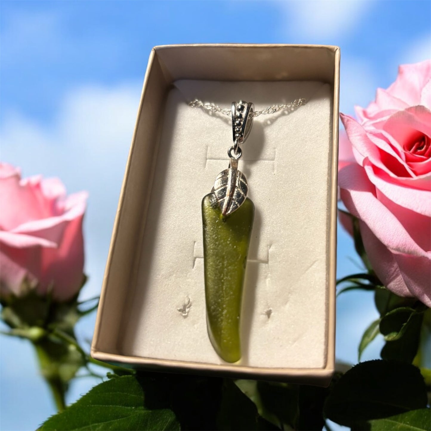 Beautiful green Seaham sea glass pendant necklace presented on an 18 inch 925 sterling silver chain with a lobster clasp