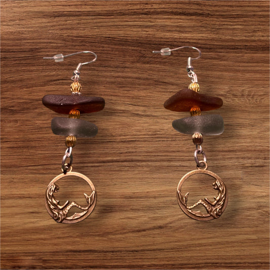 6 cm Handmade 925 sterling silver brown and white sea glass hook earrings with mermaid charm