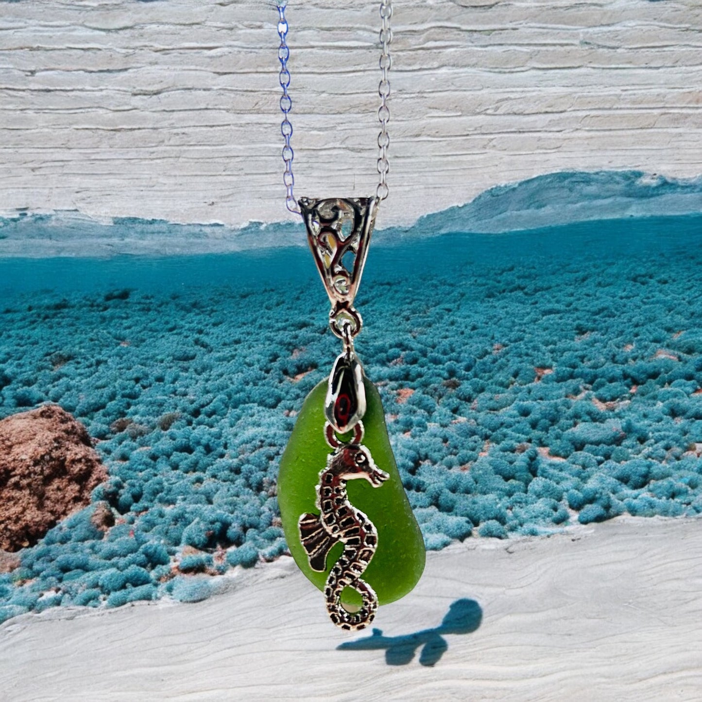 Beautiful Green Devon sea glass, Seahorse pendant necklace, presented on an 20 inch 925 sterling silver chain with a lobster clasp