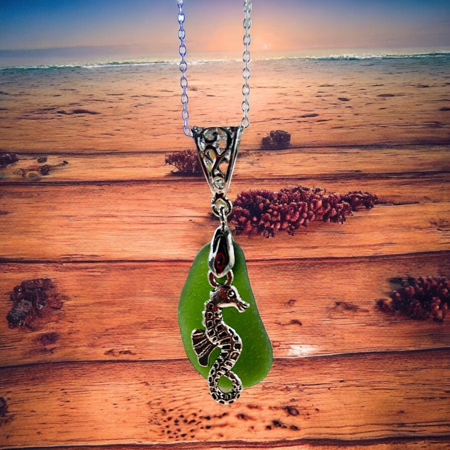 Beautiful Green Devon sea glass, Seahorse pendant necklace, presented on an 20 inch 925 sterling silver chain with a lobster clasp