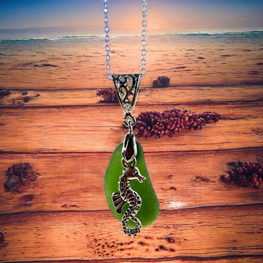 Beautiful Green Devon sea glass, Seahorse pendant necklace, presented on an 20 inch 925 sterling silver chain with a lobster clasp