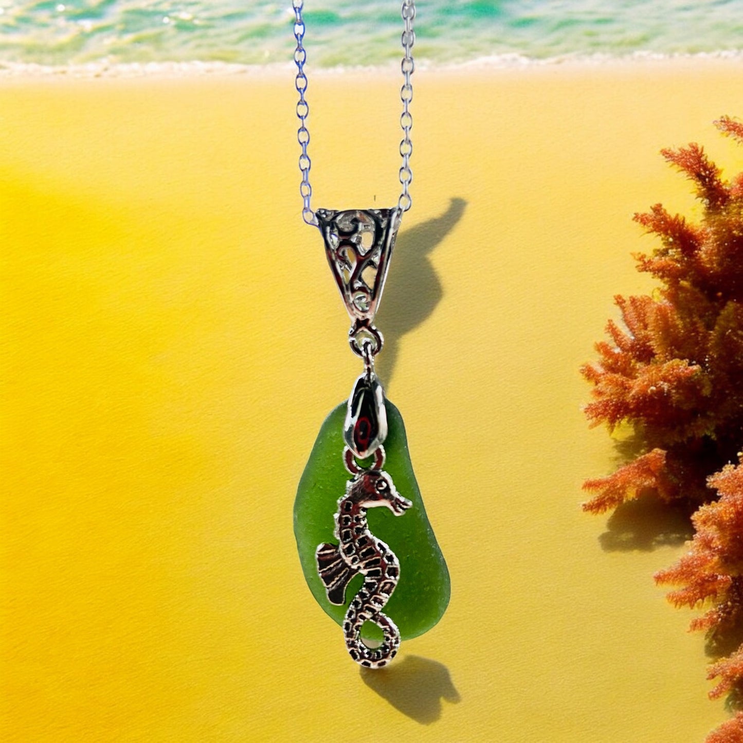 Beautiful Green Devon sea glass, Seahorse pendant necklace, presented on an 20 inch 925 sterling silver chain with a lobster clasp