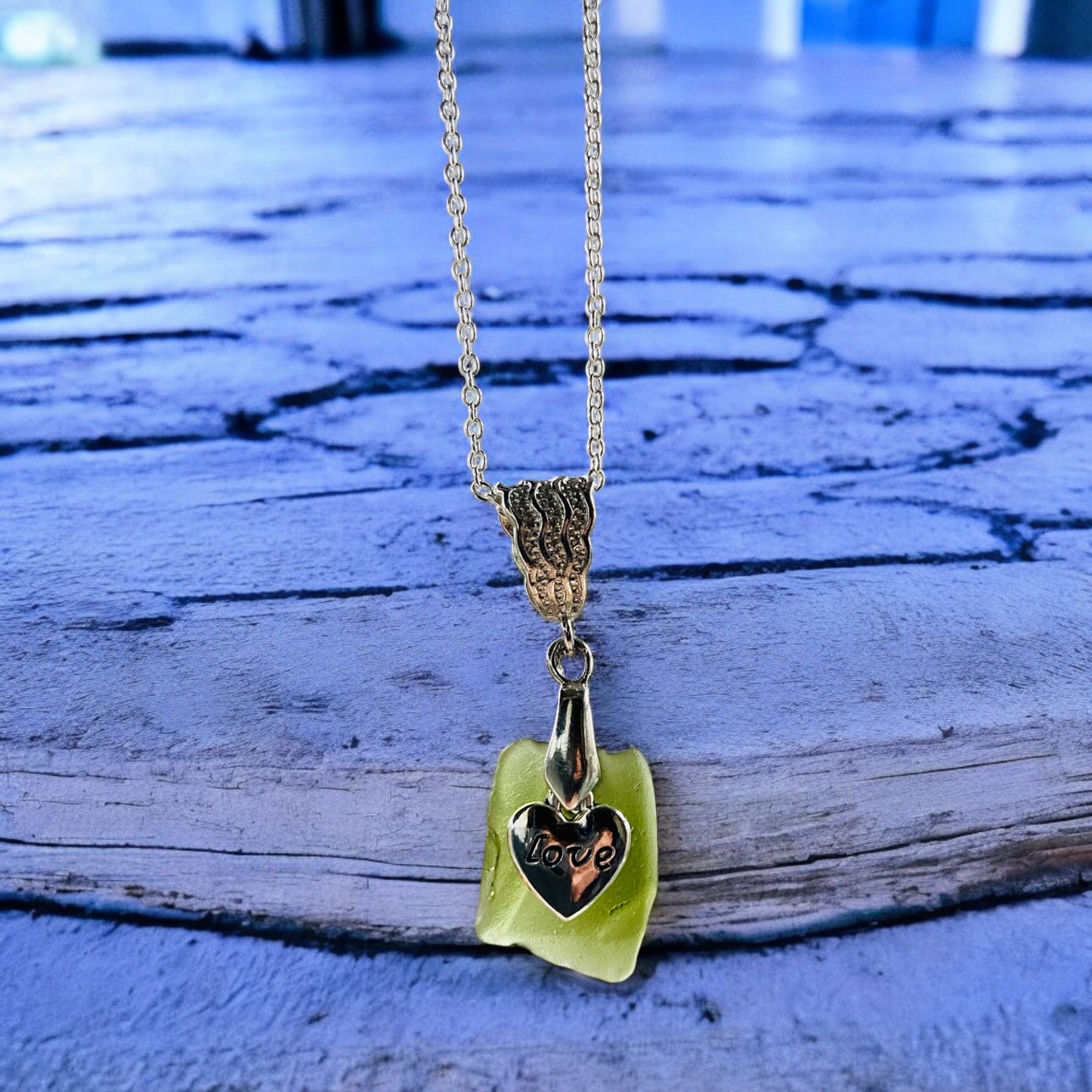 Beautiful green Devon sea glass, love heart charm pendant necklace, presented on an 20 inch 925 sterling silver chain with a lobster clasp