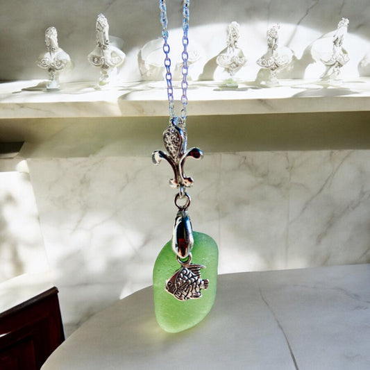 Beautiful Green Devon sea glass, fish charm pendant necklace, presented on an 20 inch 925 sterling silver chain with a lobster clasp