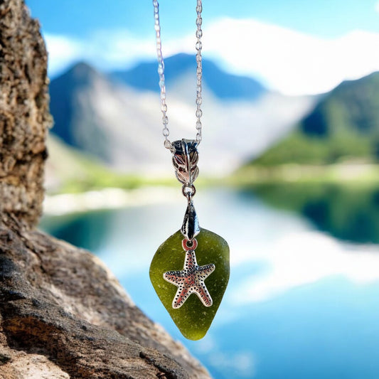 Beautiful Handmade Green sea glass pendant necklace, with starfish charm, presented on a 20inch 925 sterling silver chain
