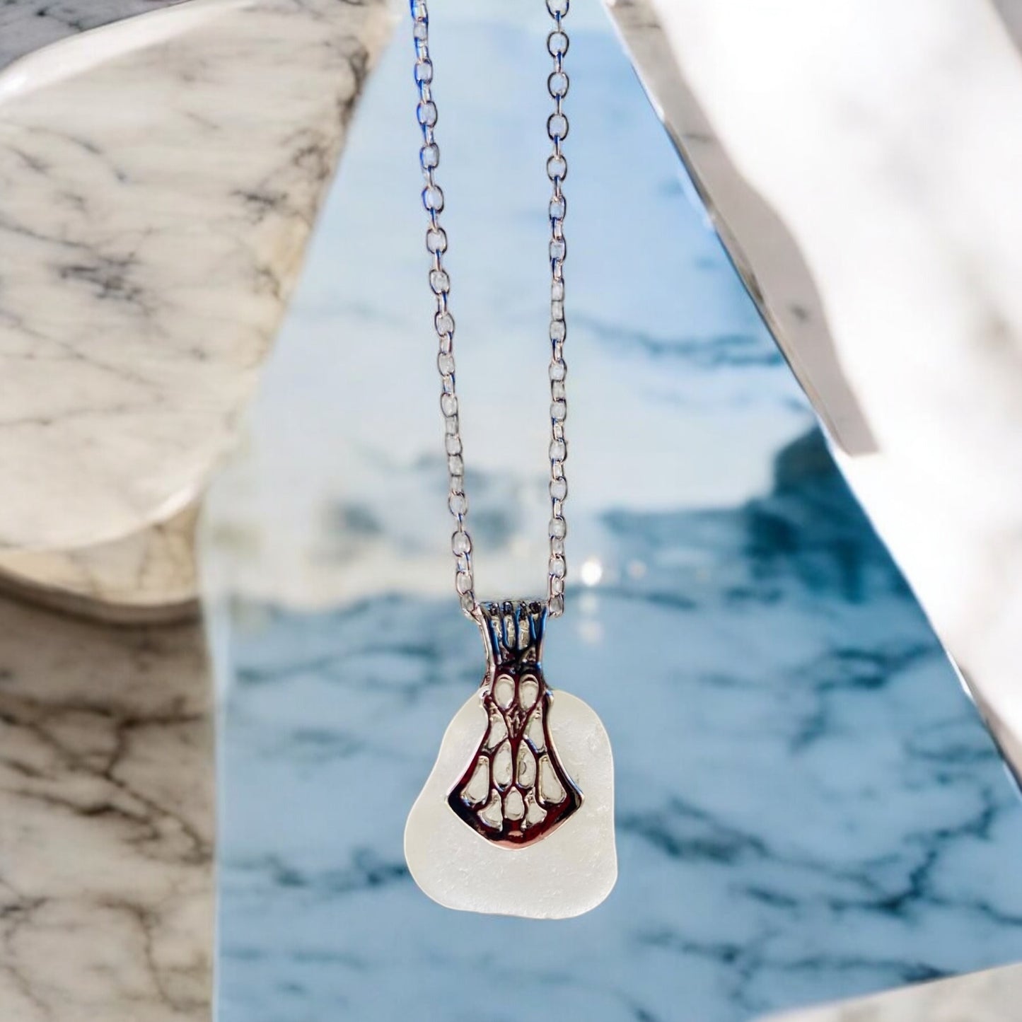 Beautiful handmade White sea glass pendant necklace, presented on a 20 inch 925 sterling silver chain