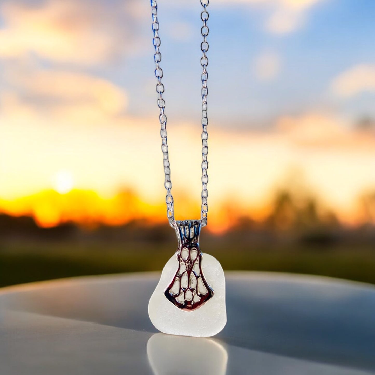 Beautiful handmade White sea glass pendant necklace, presented on a 20 inch 925 sterling silver chain