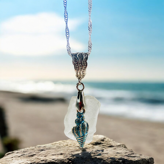 Beautiful handmade White sea glass pendant necklace with shell charm, presented on a 20 inch 925 sterling silver chain