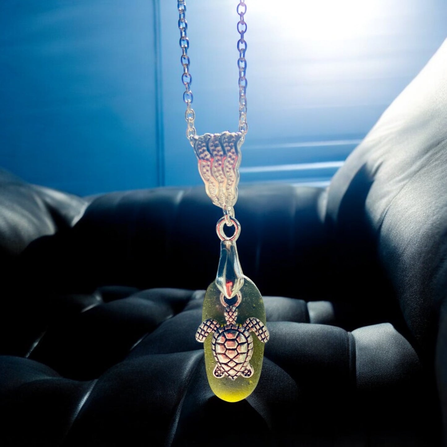 Beautiful handmade Green sea glass pendant necklace, with turtle charm presented on a 20 inch 925 sterling silver chain