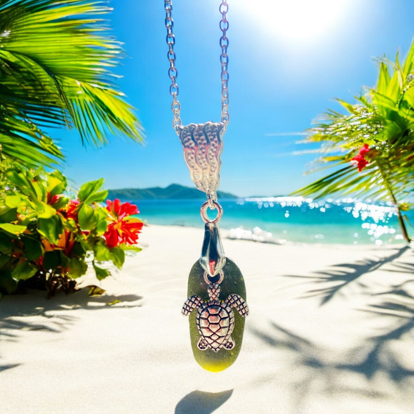 Beautiful handmade Green sea glass pendant necklace, with turtle charm presented on a 20 inch 925 sterling silver chain