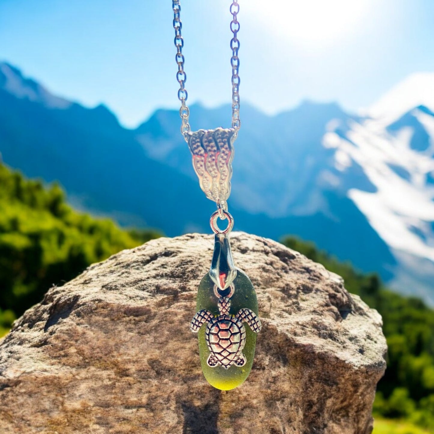Beautiful handmade Green sea glass pendant necklace, with turtle charm presented on a 20 inch 925 sterling silver chain