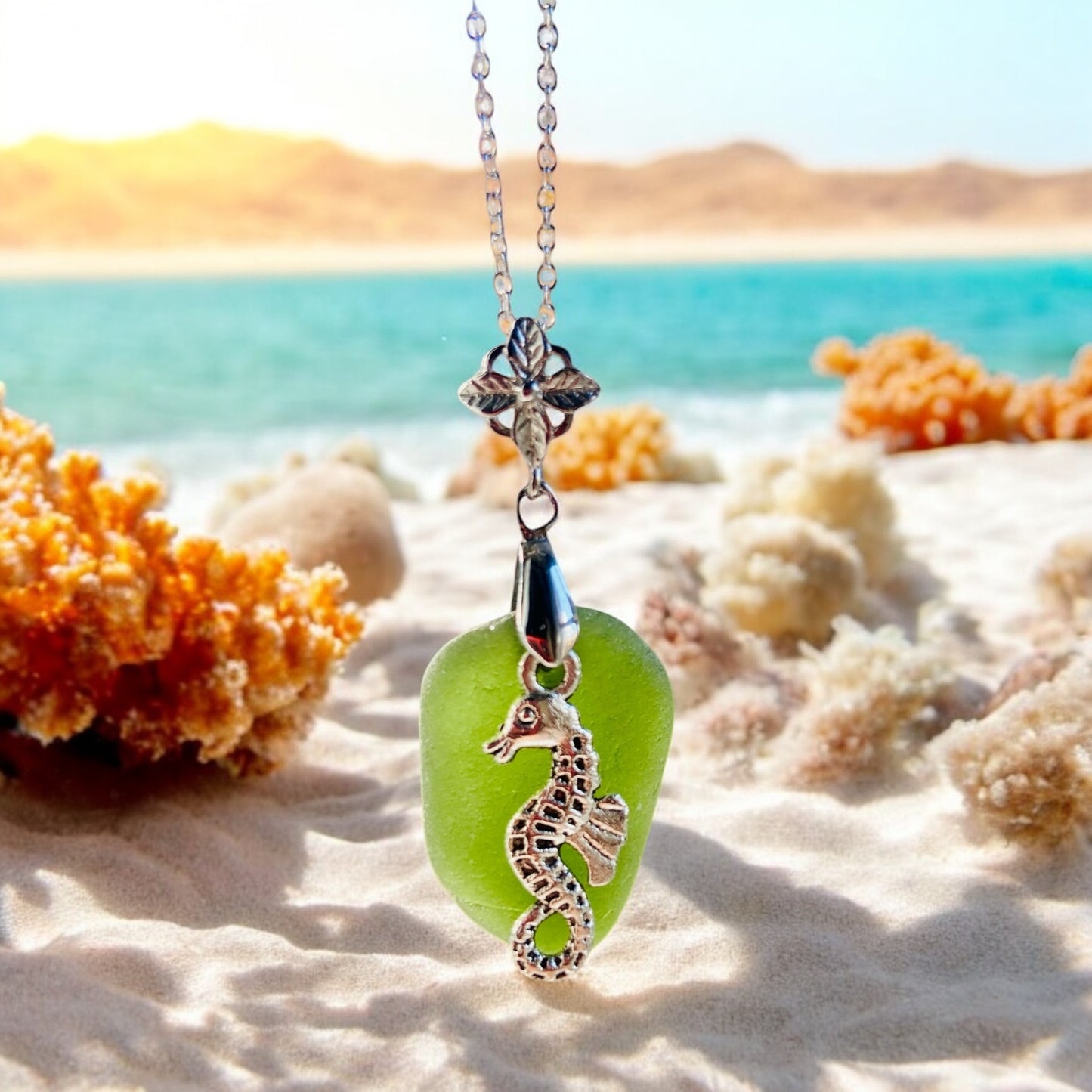 Beautiful handmade Green sea glass pendant necklace with seahorse charm, presented on a 20 inch 925 sterling silver chain