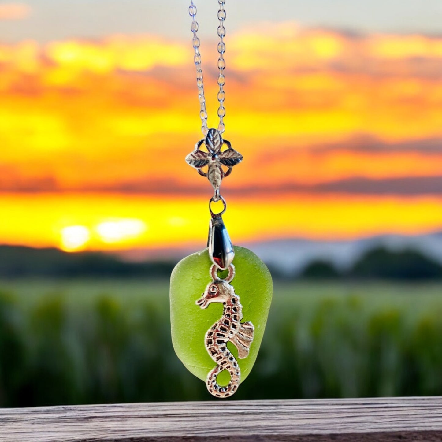 Beautiful handmade Green sea glass pendant necklace with seahorse charm, presented on a 20 inch 925 sterling silver chain