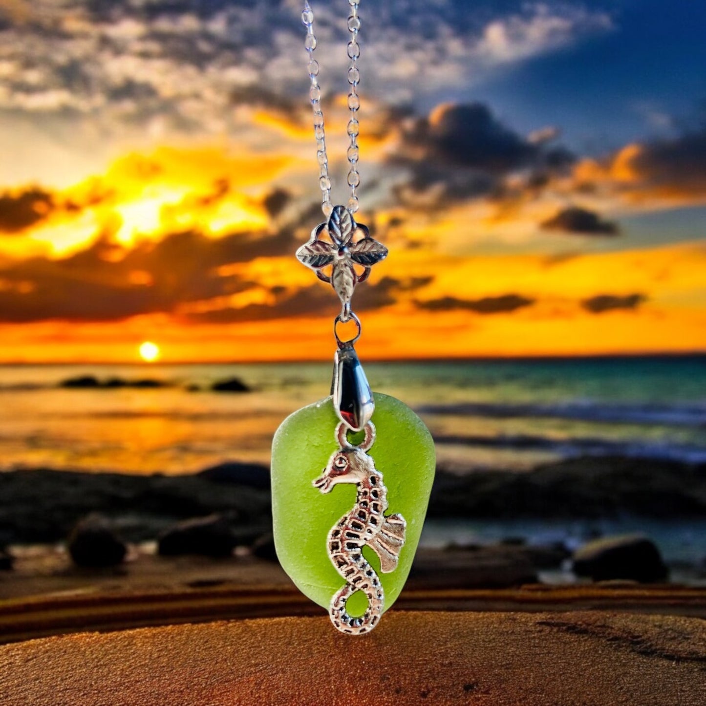 Beautiful handmade Green sea glass pendant necklace with seahorse charm, presented on a 20 inch 925 sterling silver chain