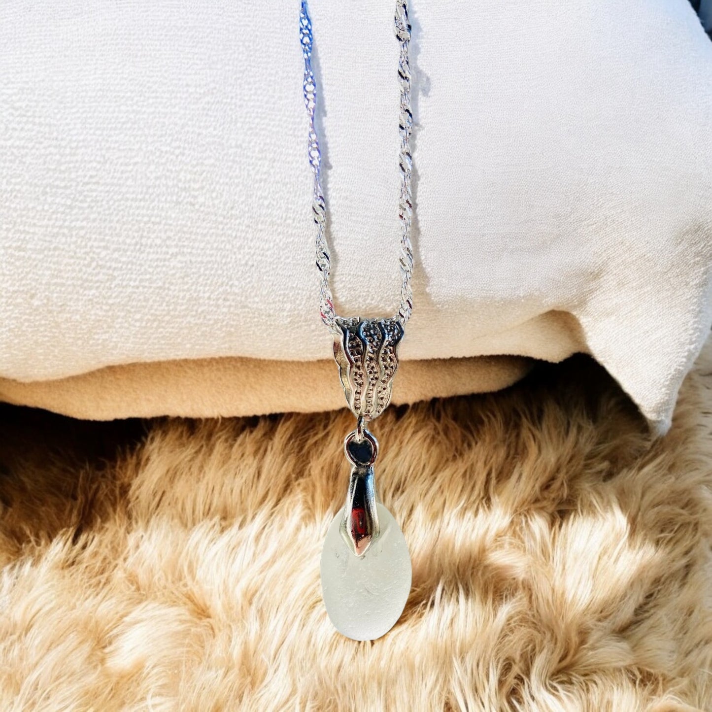 Beautiful handmade White sea glass pendant necklace, presented on a 20 inch 925 sterling silver chain