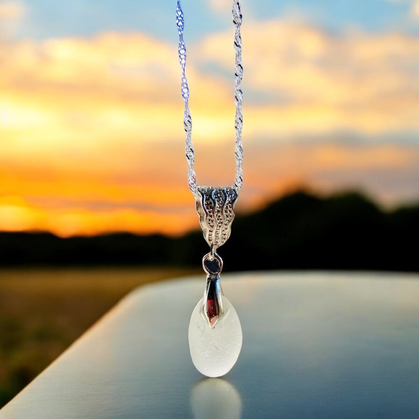 Beautiful handmade White sea glass pendant necklace, presented on a 20 inch 925 sterling silver chain