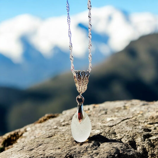 Beautiful handmade White sea glass pendant necklace, presented on a 20 inch 925 sterling silver chain