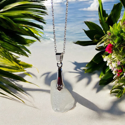 Beautiful handmade white sea glass pendant necklace, presented on a 20 inch 925 sterling silver chain