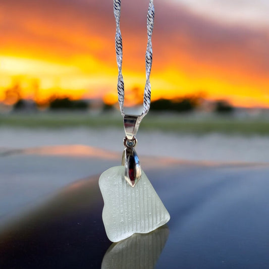 Beautiful handmade white sea glass pendant necklace, presented on a 20 inch 925 sterling silver chain