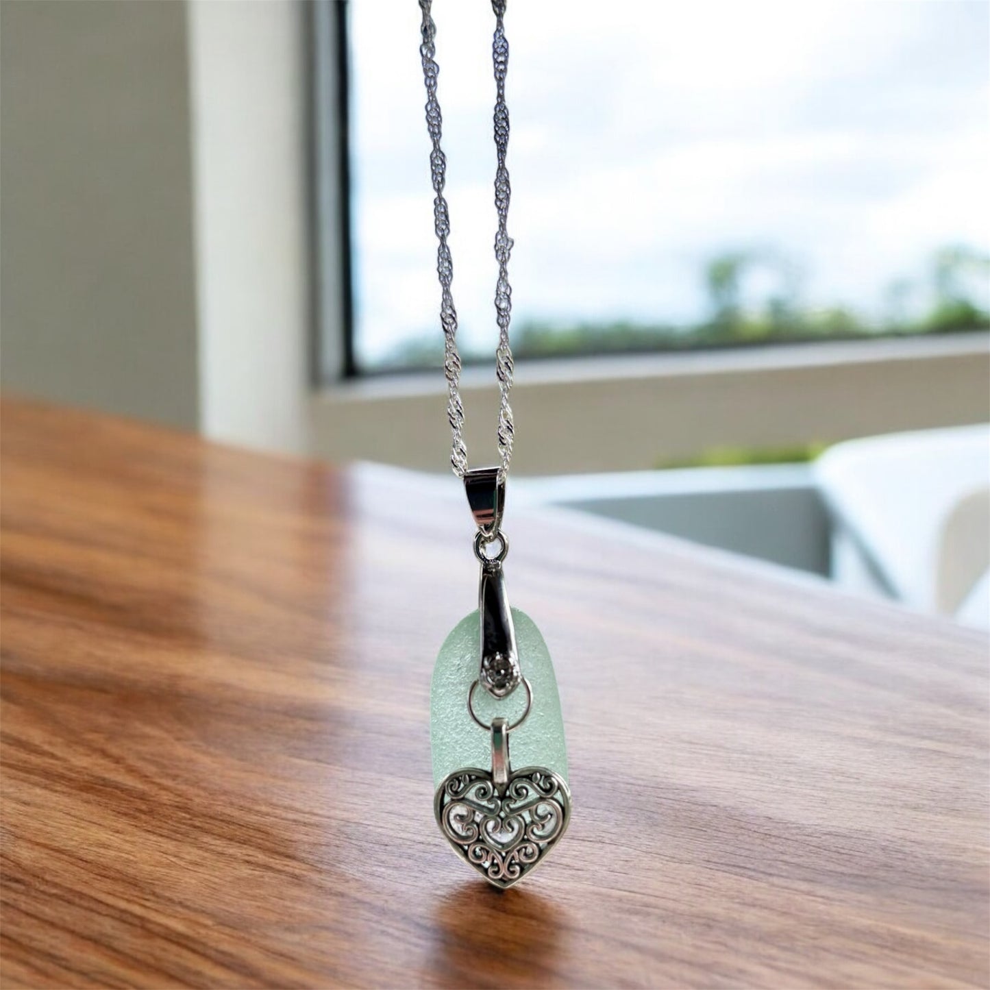 Beautiful White Devon sea glass, Heart charm pendant necklace, presented on an 20 inch 925 sterling silver chain with a lobster clasp