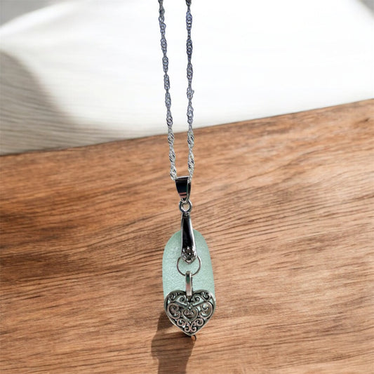 Beautiful White Devon sea glass, Heart charm pendant necklace, presented on an 20 inch 925 sterling silver chain with a lobster clasp