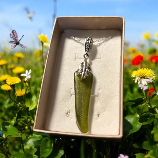 Beautiful green Seaham sea glass pendant necklace presented on an 18 inch 925 sterling silver chain with a lobster clasp